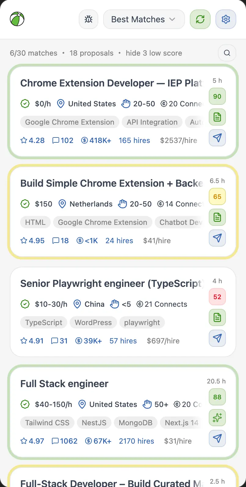 PumpWork AI Chrome extension showing a scored Upwork job feed in the side panel