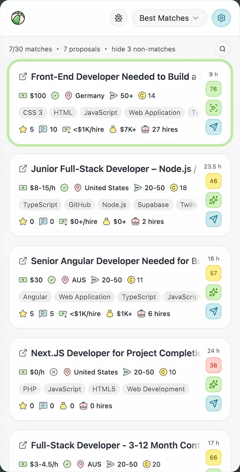 PumpWork AI Chrome extension showing a scored Upwork job feed in the side panel